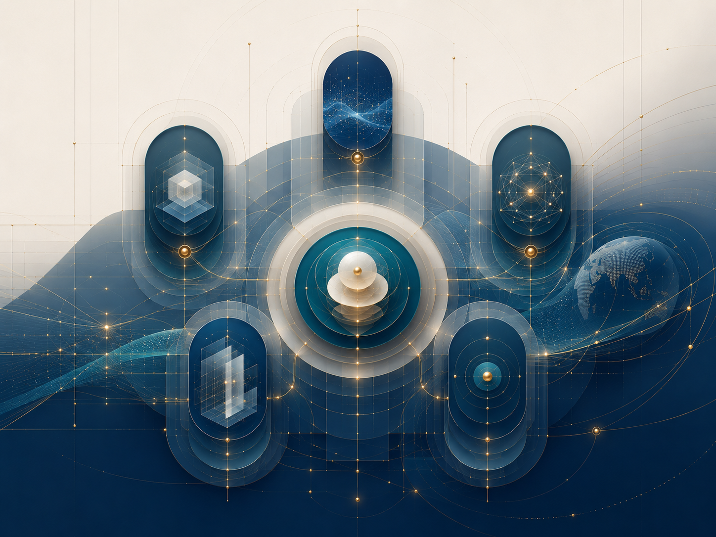 Abstract capability system visual for Lingmuse product-led cross-border commerce