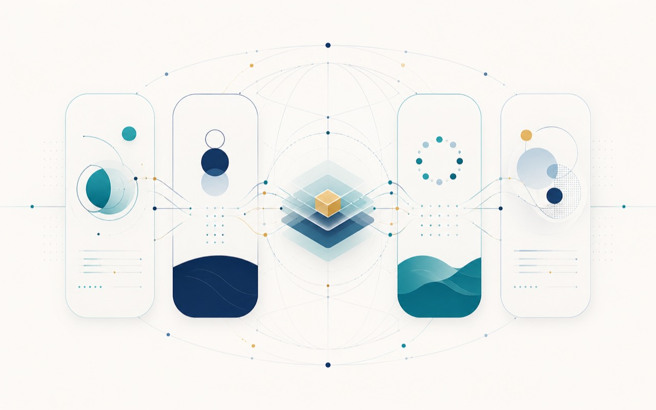 Abstract partner system visual for product-led cross-border cooperation.